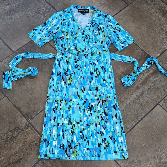 Sandra Angelozzi Wrap Dress Belted Midi Length Multiprint Size S Blue Te… - Picture 11 of 11